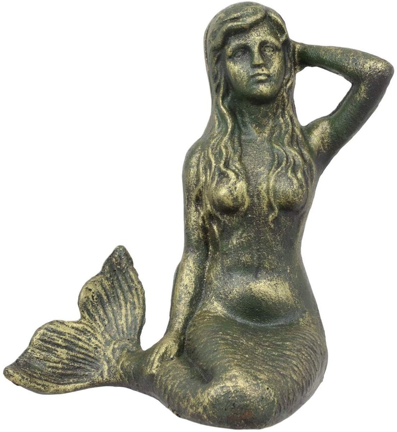 Ebros Gift 6.75" Tall Nautical Siren Expecting Mermaid Cast Iron Rustic Vintage Patina Finish Statue Ocean Goddess Princess Coastal Beach Under The Sea Mermaids Decorative Accent