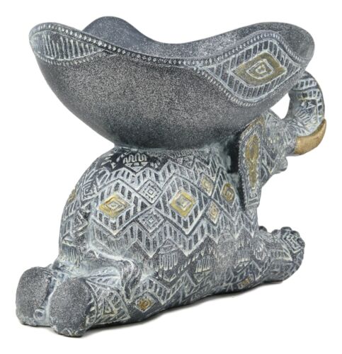 Ebros Grey Mosaic Design Elephant Laying Down With Trunk Up Holding Bowl Decor