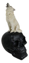 Gothic Full Moon Howling White Wolf Sitting On Black Macabre Skull Figurine