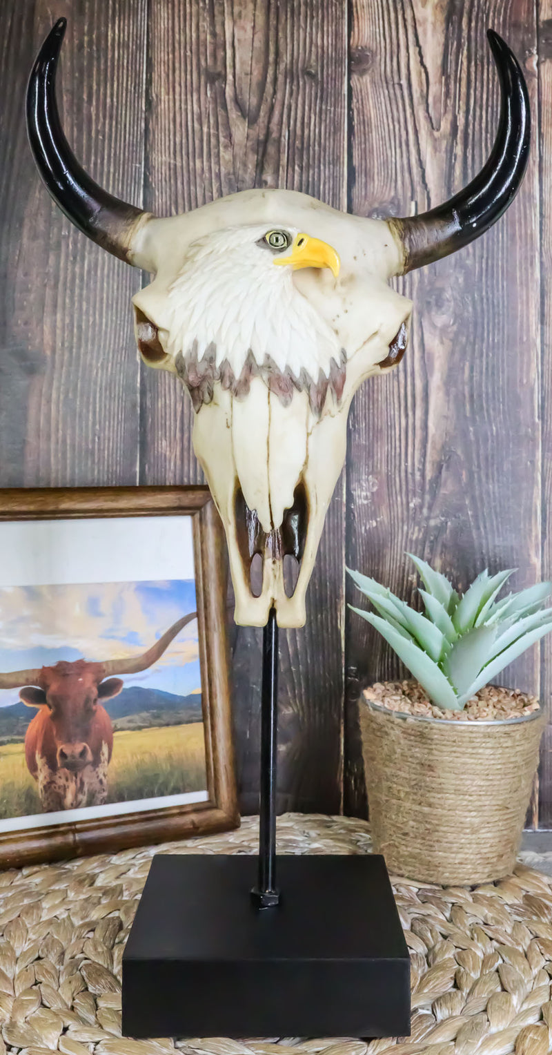 Western Rustic Bull Cow Steer Skull With Bald Eagle Sculpture On Pole Display