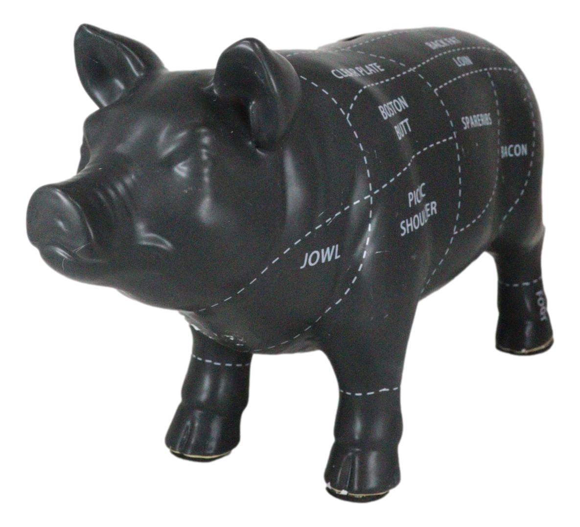 Large Ceramic Country Farm Black Pig Swine Pork Butcher Chart Piggy Coin Bank
