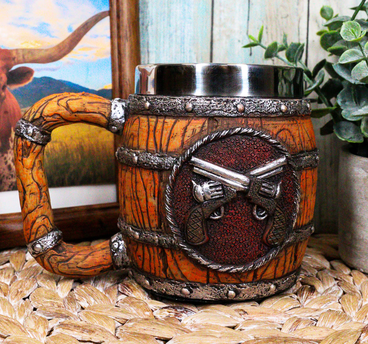 Rustic Western Crossed Dual Revolver Pistol Guns In Faux Wood Bourbon Barrel Mug