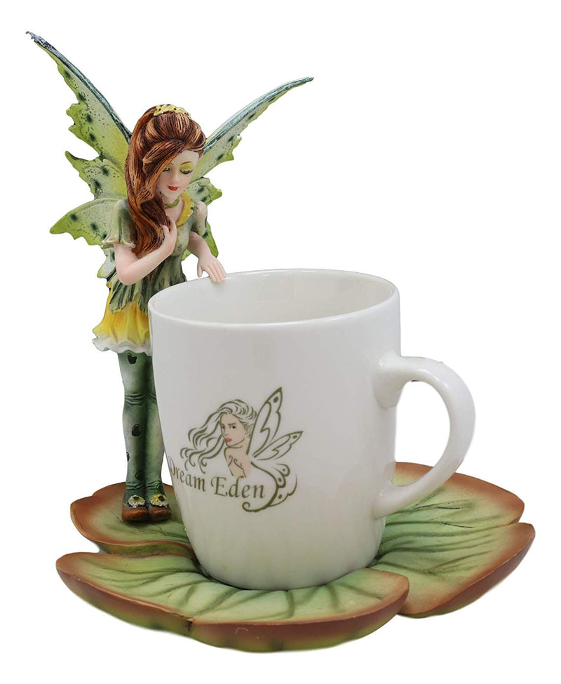Ebros Fantasy Pixie Beverage Teacup Fairy Standing On Flower Saucer Display Stand Holder Statue with Dream Eden Coffee Mug Set for Whimsical Tea Party Decor Accent of Fairies Nymphs Pixies (Green)