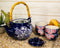 Ebros Blue Winter Frost Colorful Large Floral Blooms 25oz Tea Pot With 4 Cups Set
