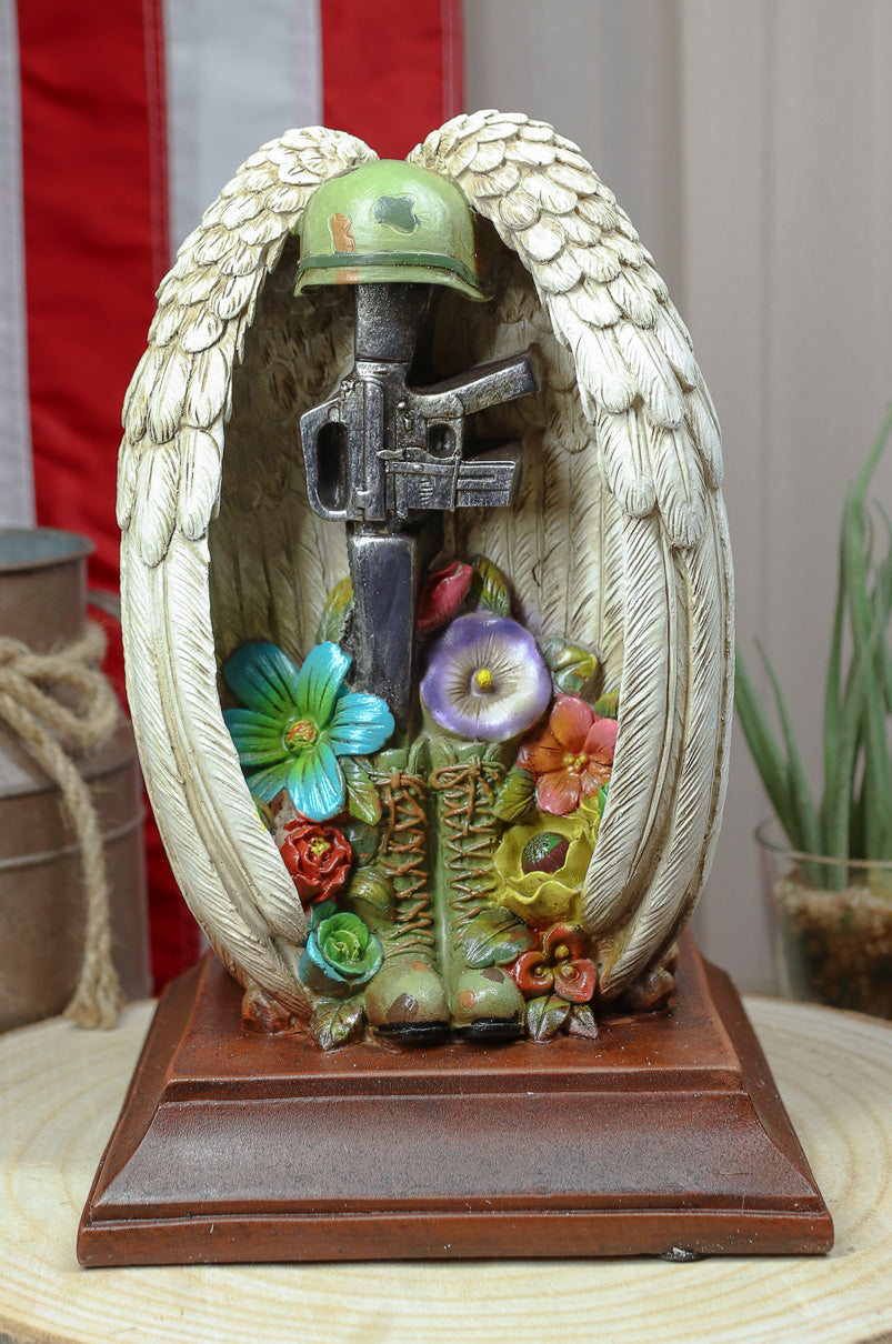 Patriotic Fallen Soldier Angel Winged Rifle Helmet Boots Succulents Figurine