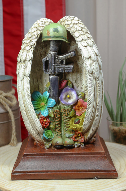 Patriotic Fallen Soldier Angel Winged Rifle Helmet Boots Succulents Figurine