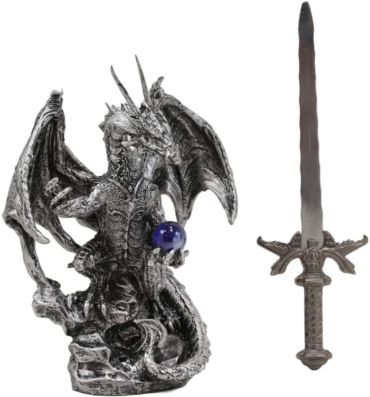 Legendary Silver Dragon Carrying Orb and Excalibur Sword Letter Opener Figurine