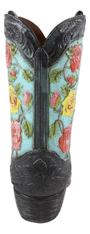 Rustic Western Black Turquoise Cowboy Boot With Colorful Roses Vase Figurine