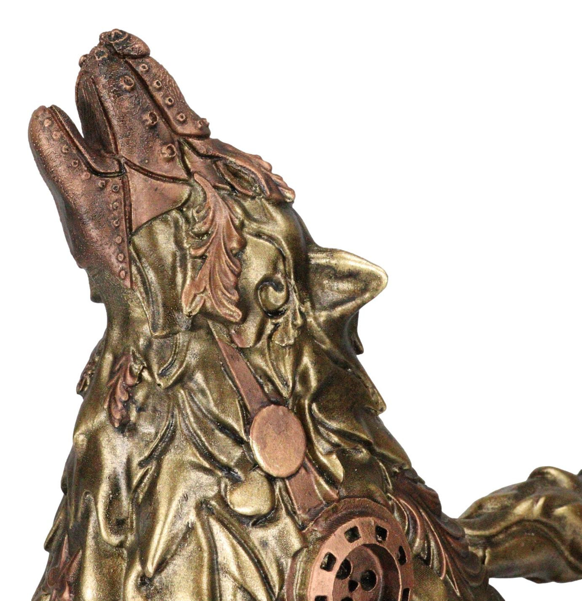 Steampunk Armor Geared Golden Robotic Alpha Wolf Howling At The Moon Statue - Ebros Gift