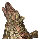 Steampunk Armor Geared Golden Robotic Alpha Wolf Howling At The Moon Statue