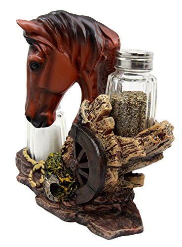 Ebros Chestnut Horse by Wagon Wheel Salt Pepper Shakers Holder Set 6.25" H