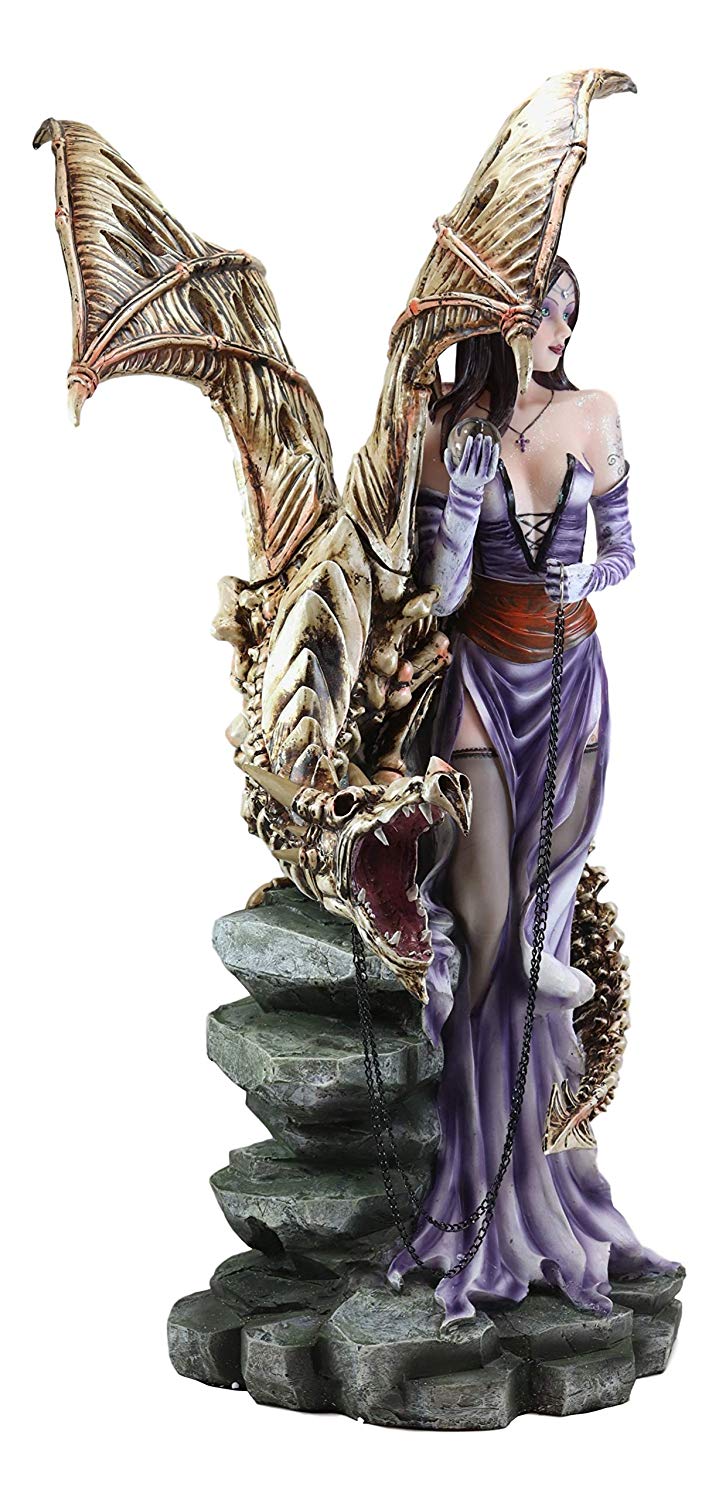 Large 25"H Goth Vampire Fairy In Night Gown With Chained Skeleton Dragon Statue