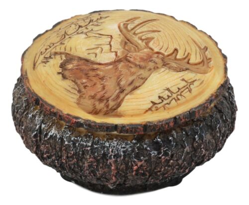 Ebros Rustic Faux Wood Wild Stag Deer Round Jewelry Box Figurine 4" Diameter