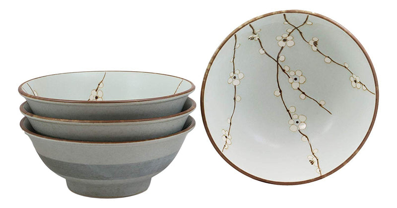 Ebros Gift Made In Japan 8.5" Dia Light Blue Plum Set of 4 Bowls With Sakura Cherry Blossoms Design 42 oz Ramen Pho Noodles Soup Serving Bowl Kitchen Dining