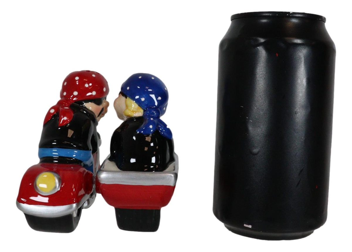 Patriotic Biker Couple Riding Motorcycle and Side Car Rig Salt Pepper Shakers