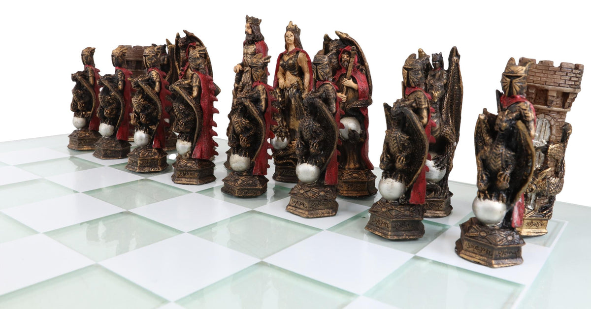 Ebros King Arthur Morgan Merlin Dragons Hand Painted Chess Pieces With Glass Board Set - Ebros Gift