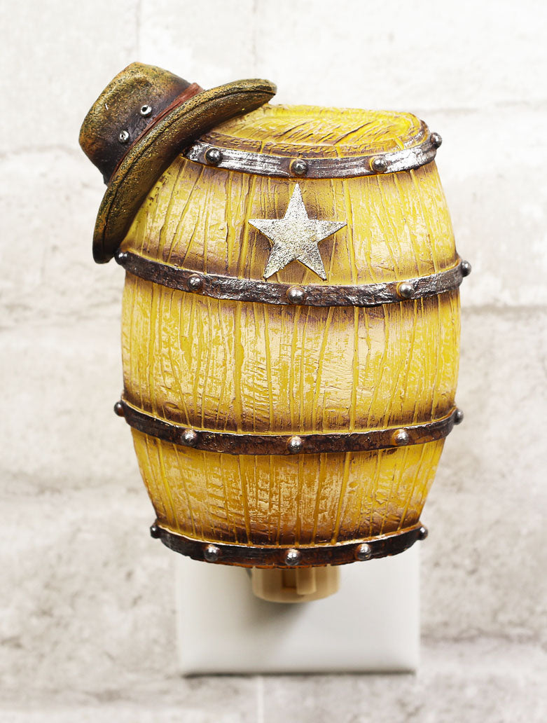 Rustic Western Star Cowboy Hat Vintage Beer Barrel Wall Plug In LED Night Light