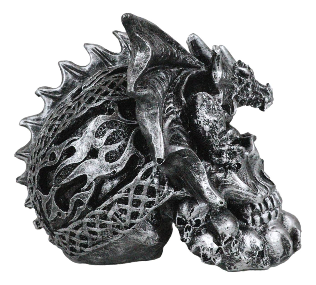 Flying Dragon On Ossuary Morphing Skull with Celtic Tribal Patterns Figurine - Ebros Gift
