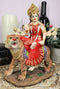 Hindu Goddess Durga Wearing Red Sari Riding On Tiger Figurine 8.5" Tall Statue