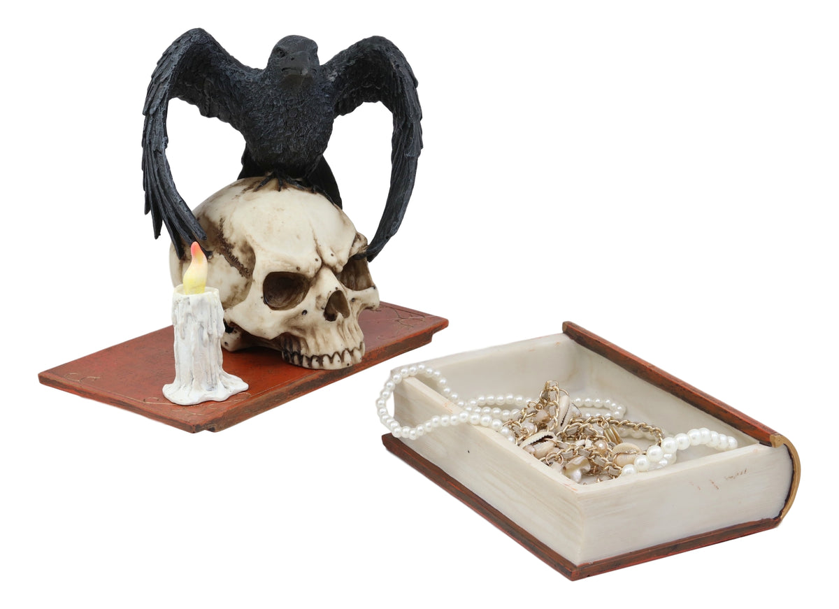 Ebros Raven Crow Perching On Skull with Ancient Book Jewelry Trinket Box 8.5"H - Ebros Gift