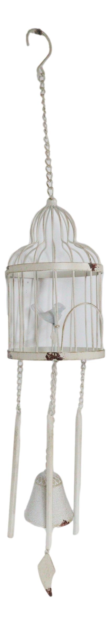 Whimsical Rustic White Bird Perching On Twig In Cage Aluminum Metal Wind Chime