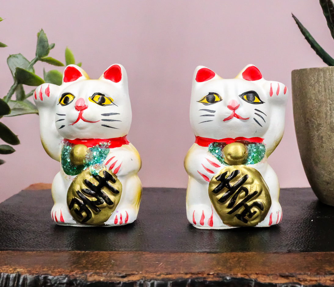 Ebros Japanese Luck and Fortune Charm White Beckoning Cat Maneki Neko Ceramic Figurines Set of 2 with Right and Left Paws Feng Shui Lucky Energy Cats Collectible Statues - Ebros Gift
