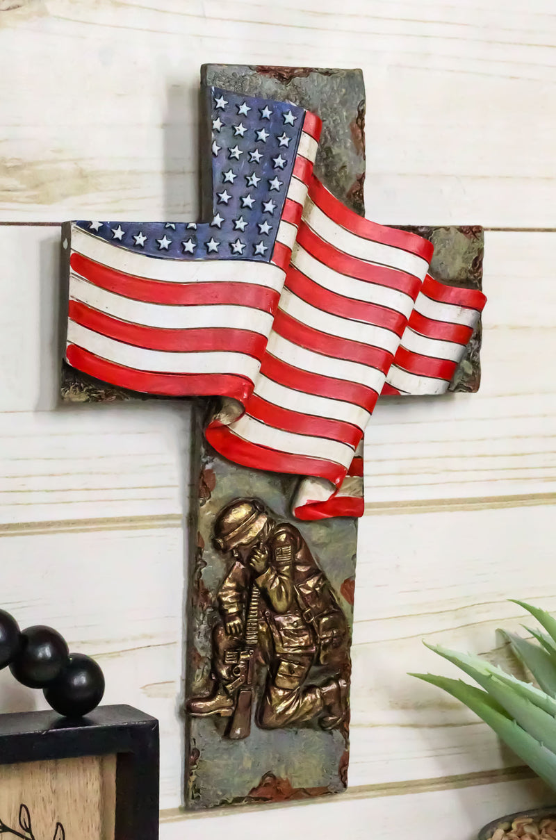 Patriotic Battlefield Kneeling Soldier In Prayer With American Flag Wall Cross