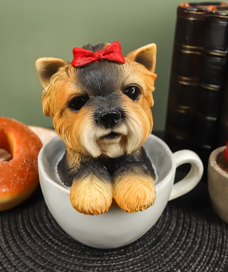 Ebros Realistic Adorable Yorkie Dog with Red Ribbon in Teacup Statue 6"H