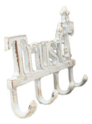 Cast Iron Rustic White Le Fleur Cross with Trust Letters Sign 4 Pegs Wall Hooks