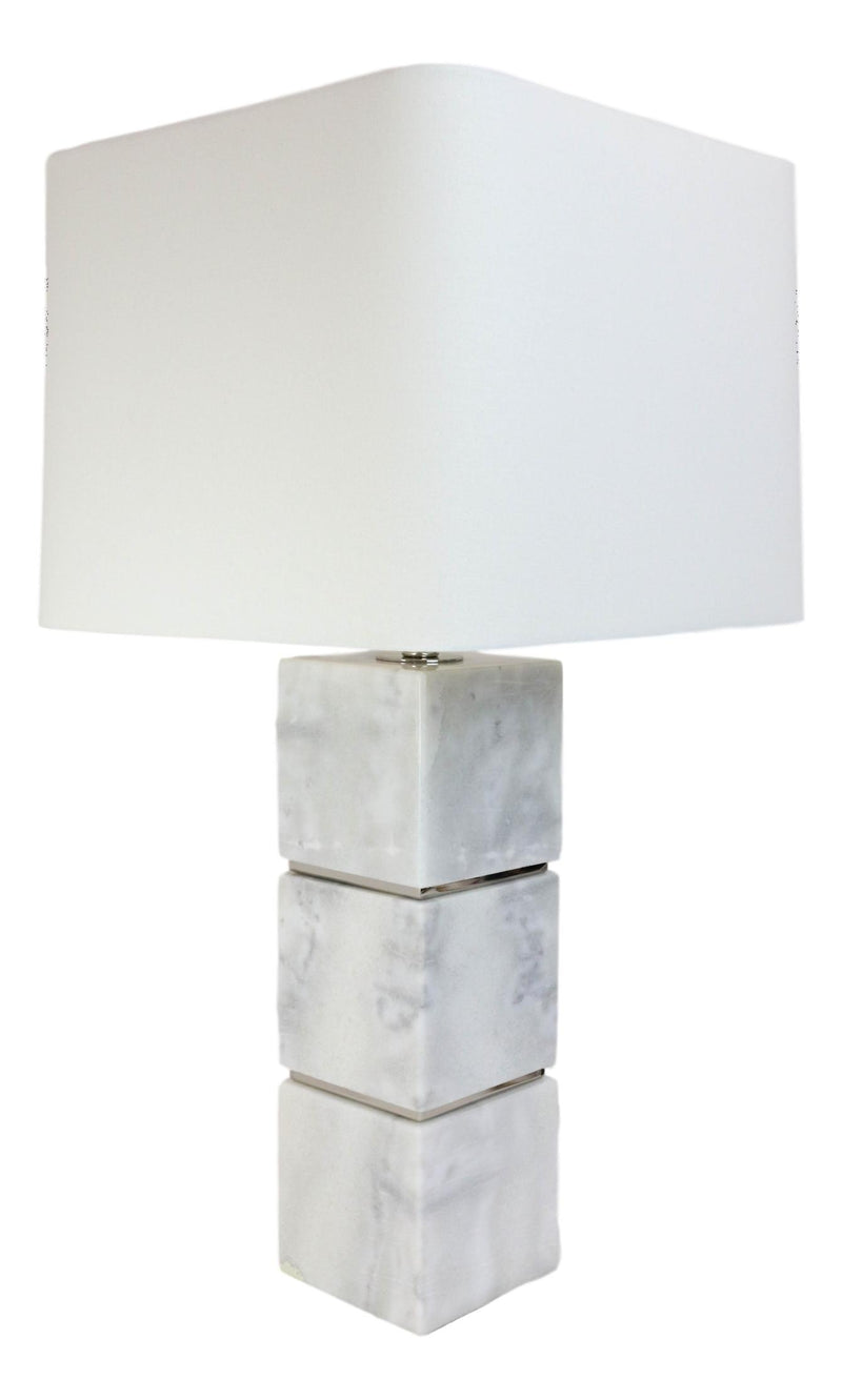 27"H Contemporary Elegant 3 White Marble Cubes Gold Trim Table Lamp Fabric Shade