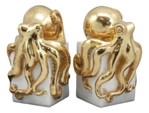 Ebros Contemporary Gold Color Octopus Light Duty Bookends Statue Set