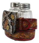 Western Revolver Six Shooter Pistols On Belt Buckle Salt And Pepper Shakers Set