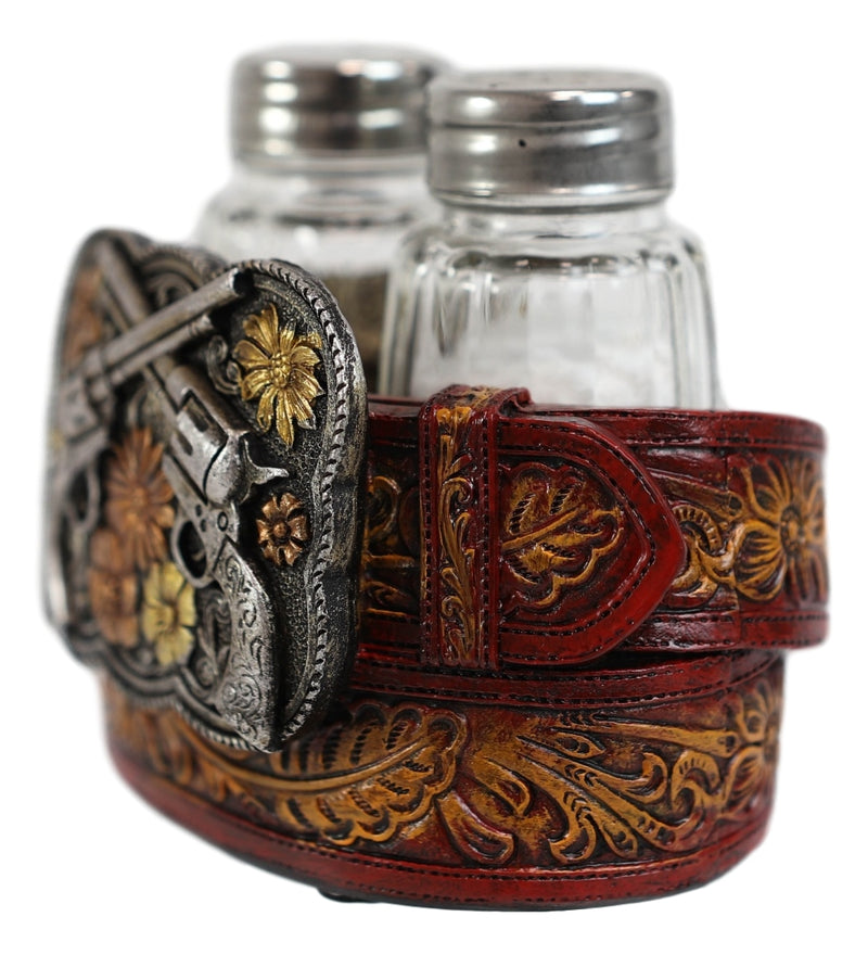 Western Revolver Six Shooter Pistols On Belt Buckle Salt And Pepper Shakers Set