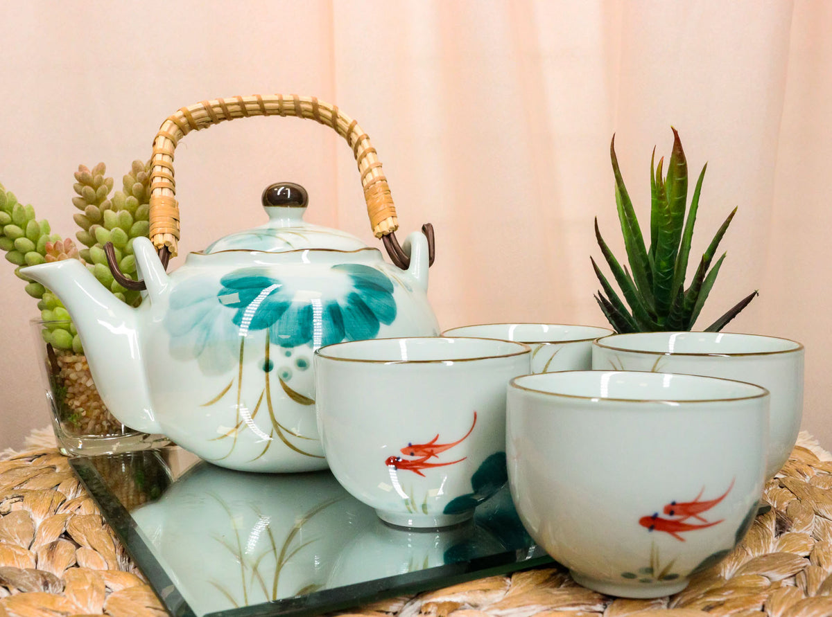Chinese Art Feng Shui Pond With Koi Fishes Porcelain Tea Pot Set With 4 Cups - Ebros Gift