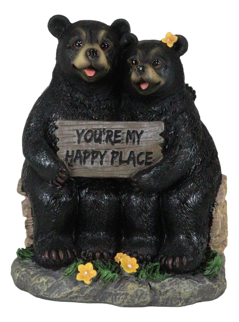 Whimsical Black Bears Couple On Tree Log You're My Happy Place Sign Figurine