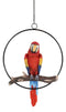 Ebros Hanging Scarlet Macaw Parrot Perching on Branch in Metal Round Ring Figurine 13.5" H