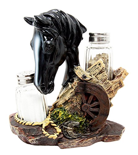 Ebros Western Decor Stallion Horse By Wagon Wheel Salt Pepper Shakers Holder Set 6.25"H (Black) - Ebros Gift