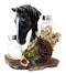 Ebros Western Decor Stallion Horse By Wagon Wheel Salt Pepper Shakers Holder Set 6.25"H (Black)