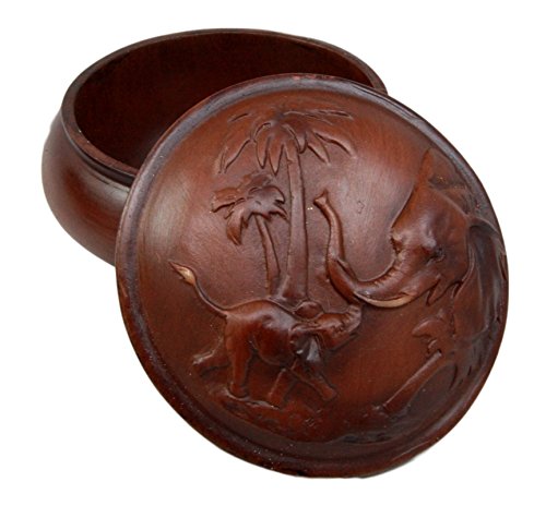 Ebros Gift Faux Wood Resin Safari Elephant with Calf Rounded Jewelry Trinket Decorative Box Figurine 4" D As Safari Elephants Decor Accessory Storage Sculptural Wildlife Art - Ebros Gift