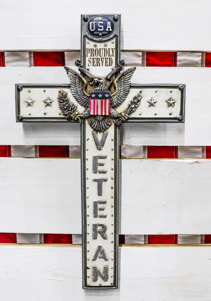 Rustic USA Proudly Served American Flag Great Seal Eagle Veteran Wall Cross