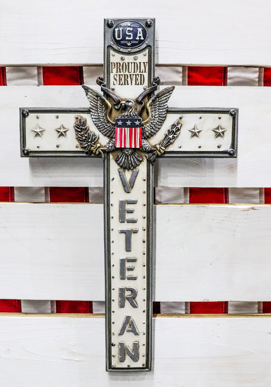Rustic USA Proudly Served American Flag Great Seal Eagle Veteran Wall Cross