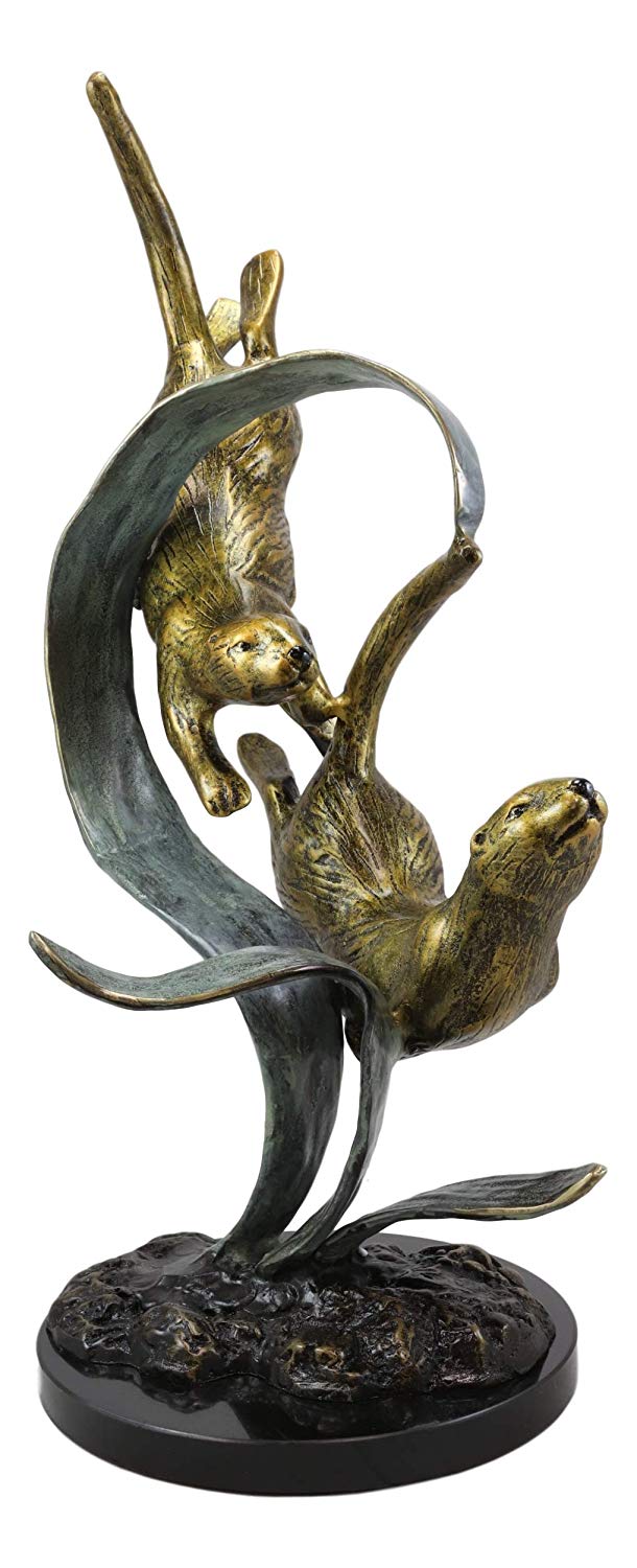 Ebros Solid Brass Large Nautical Pacific Ocean 2 Sea Otters Swimming By Giant Seaweeds Kelp Forest Statue On Marble Base 19"Tall Museum Gallery Quality Marine Weasel Otter Figurine Coastal Decorative