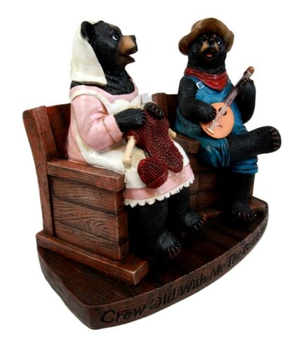 Ebros Gift Large Country Folk Bluegrass Honey Bear Couple Figurine 8.5" H Grow Old with Me Cottage Bears Playing Banjo & Knitting Yarn Decorative Sculpture