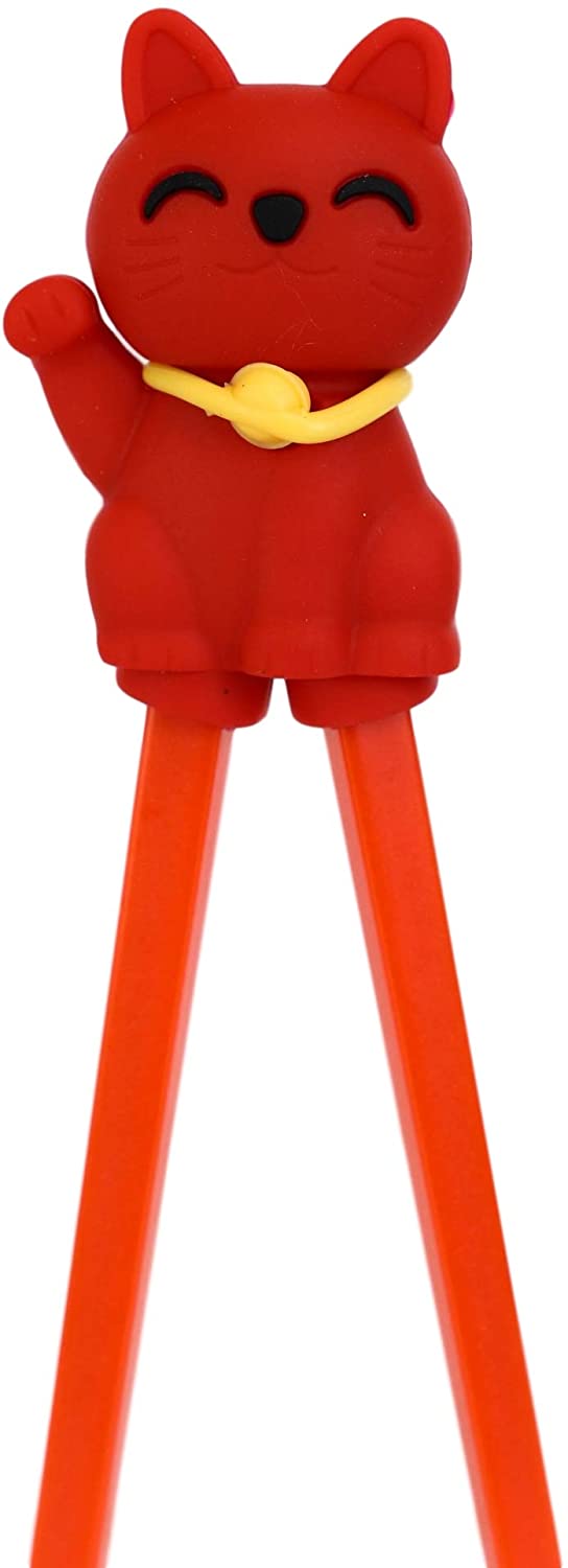 Ebros Red Maneki Neko Cat Reusable Training Chopsticks Set With Silicone Helper