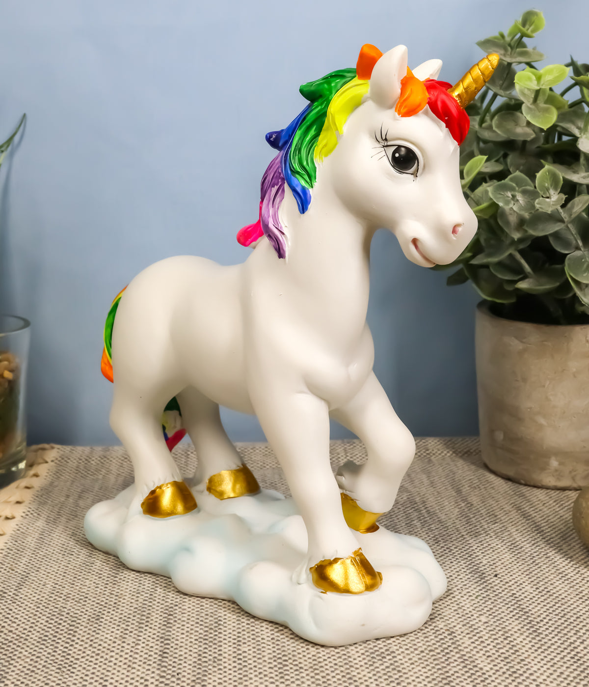 Ebros Beautiful Rainbow Mane Gold Horn Unicorn Mare Horse Walking On Clouds Figurine