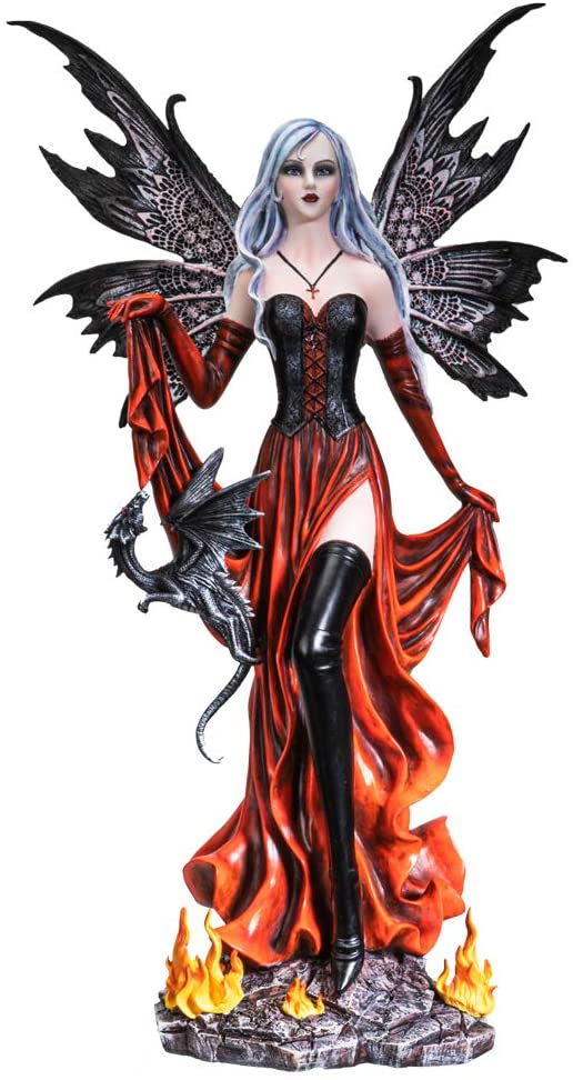 Ebros Goddess Fire Fairy W/ Black Dragon Resin Statue Home Decor Figurine 24.5"H