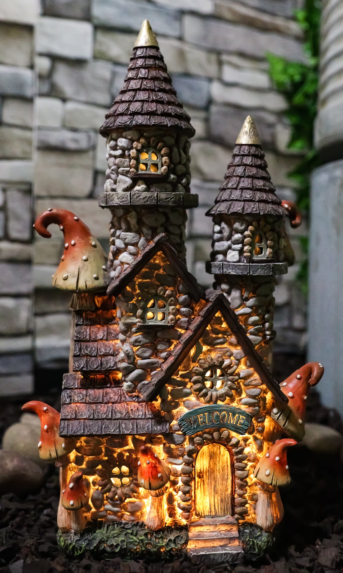 Fairy Garden LED Light Up Castle Stone House With Tall Tower Roofs Figurine - Ebros Gift
