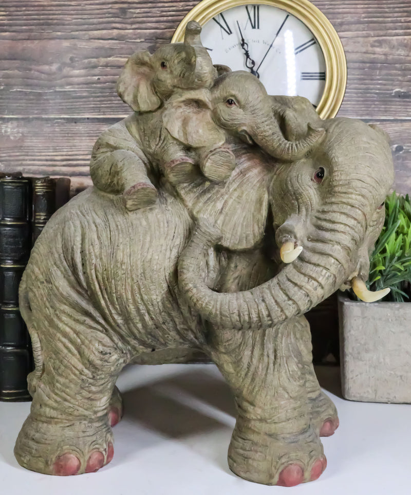 Ebros Wildlife Elephant Father and 2 Calves On Piggyback Playing Statue 10.5" Tall Resin Safari Elephants Family Figurine Sculpture Decor Gifts