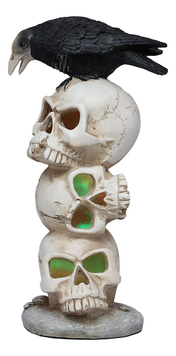 Ebros Gothic Raven Crow Bird Perching On Totem Stacked Skulls With LED Light Statue