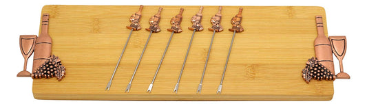 Wine And Grapes Bamboo Cheese Board 16" by 5" & 6 Stainless Steel Picks Gift Set